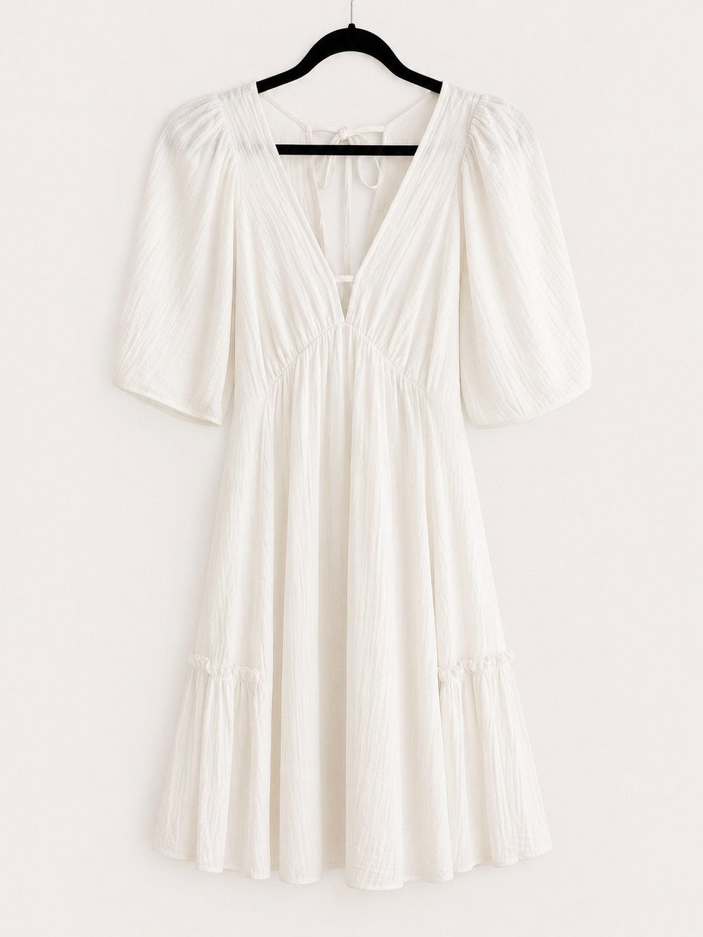 White Puff-Sleeve V-Neck Women’s Dress